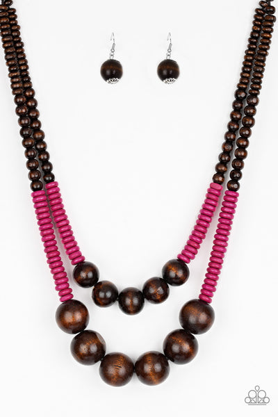 Paparazzi Accessories Cancun Cast Away Pink & Brown Wooden Necklace Set